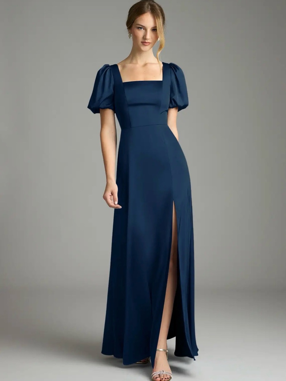 Azazie Navy Square Neck Puff Sleeve Bridal Gown